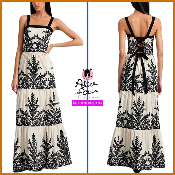 Alice + Olivia Dresses & Skirts - Alice + Olivia Saige Cotton Linen Blend Off White Black Tiered Maxi Dress